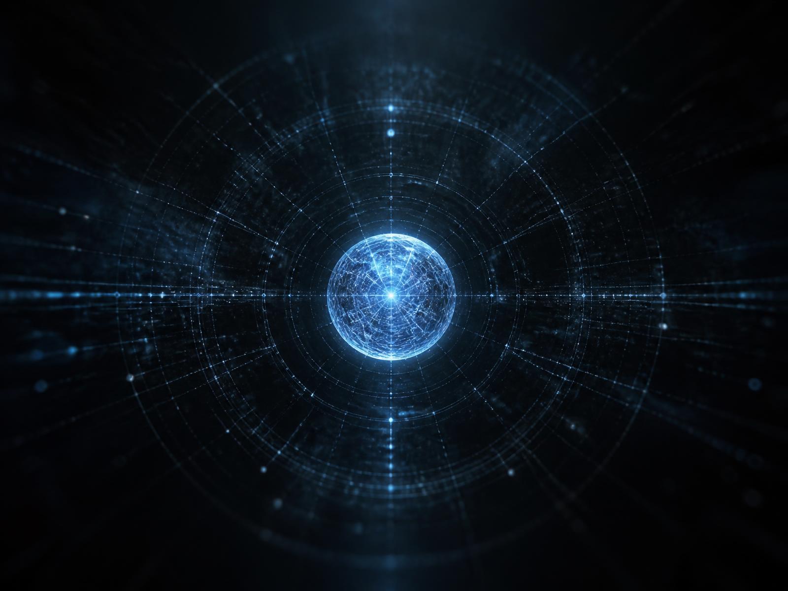 Abstract visualisation of a luminous intelligence core surrounded by a network lattice