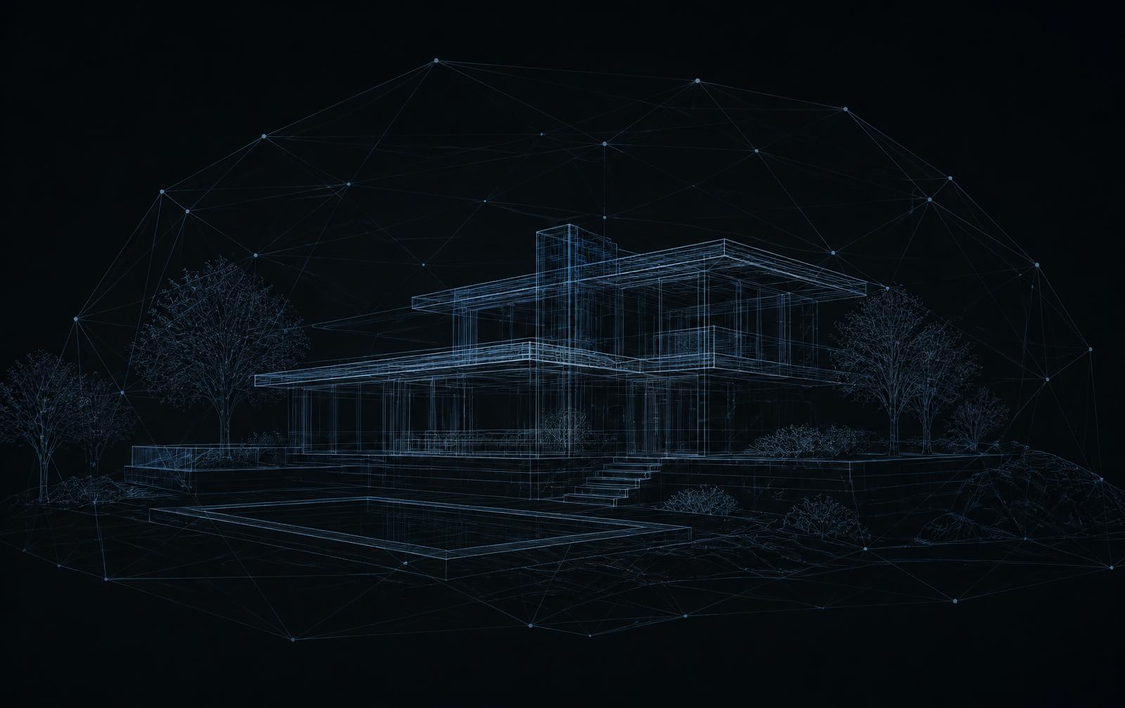 Abstract wireframe visualisation of a protected residence and its connected systems